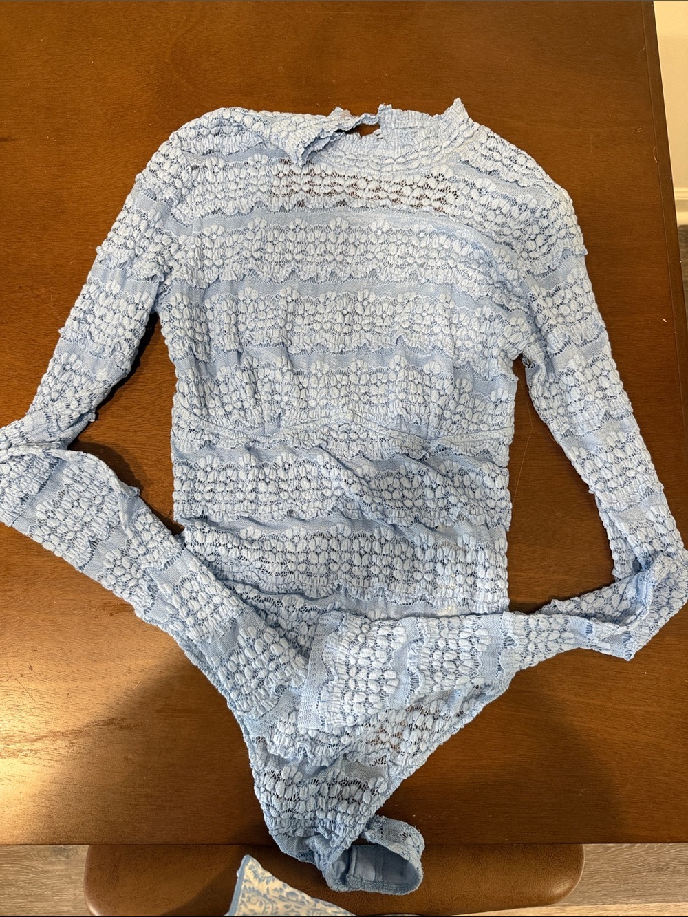 Free People Pale Blue Lace Long Sleeve Bodysuit